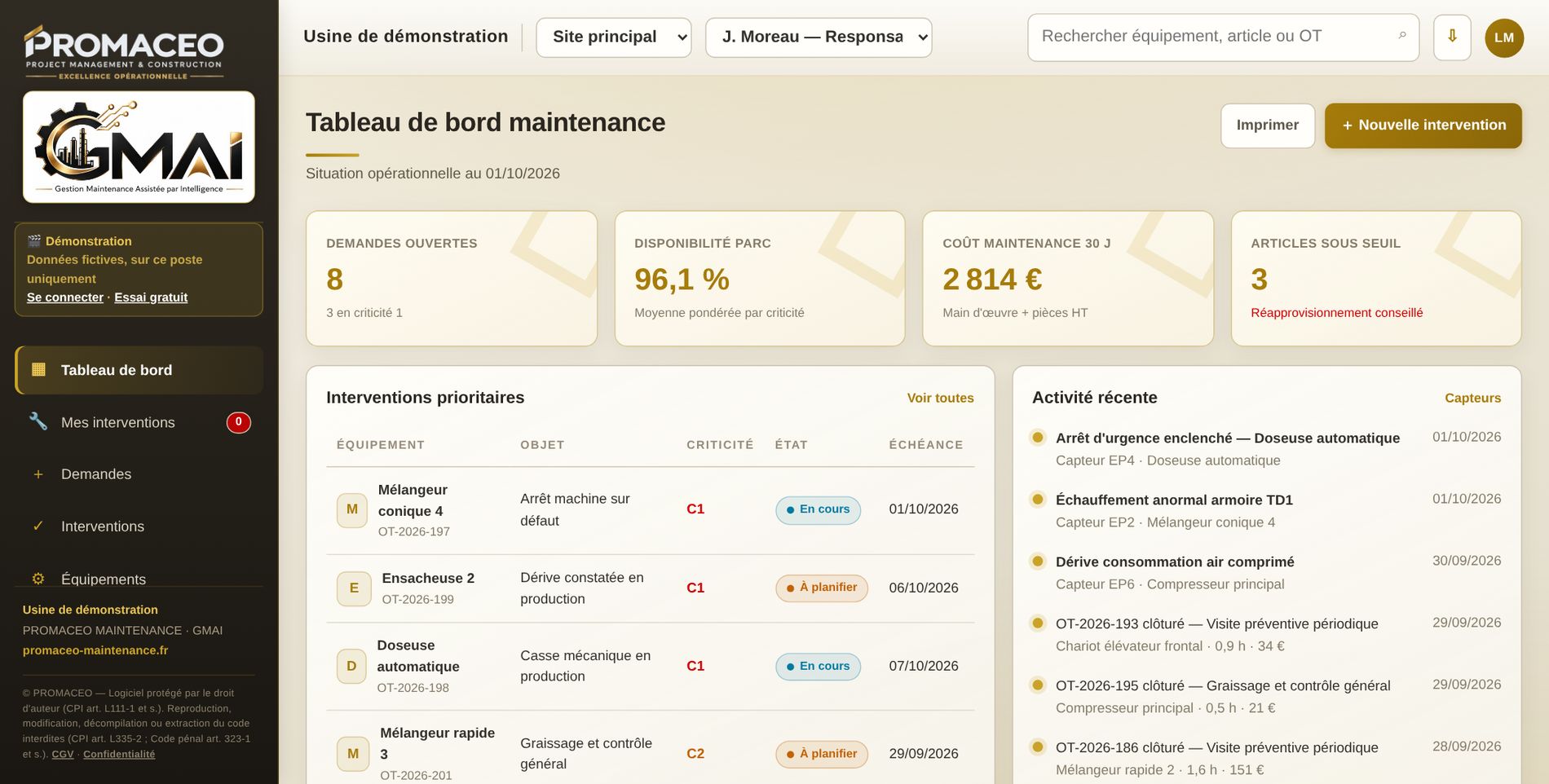 Tableau de bord maintenance