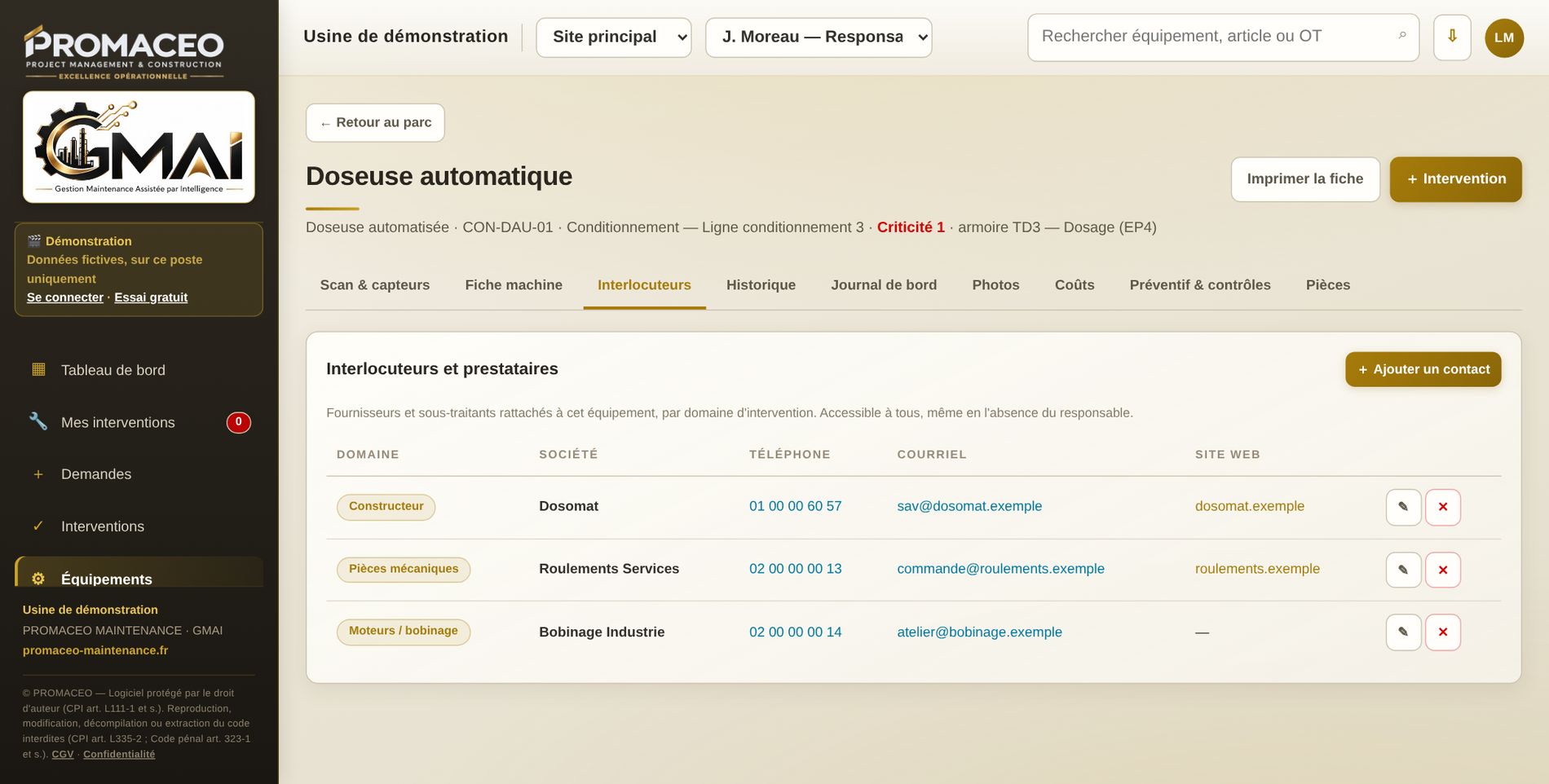 Interlocuteurs et prestataires d'une machine